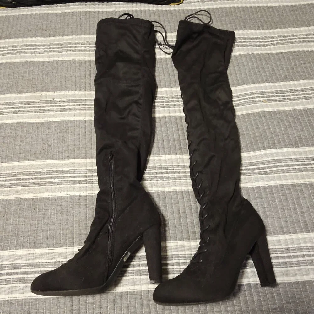 Faux Suede Lace-Up Bow Decor Thigh-High Boots Size 8